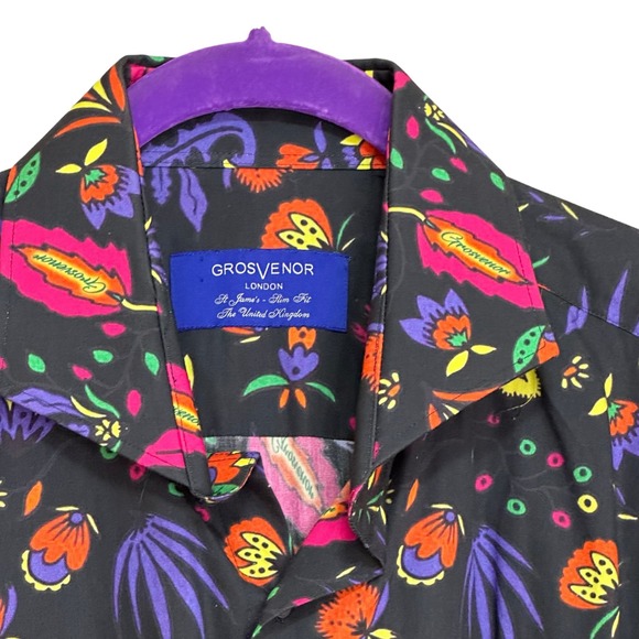 GrosVenor London Men's Funky Casual Colorful Black Floral Print Slim Fit sz XL - Picture 6 of 10